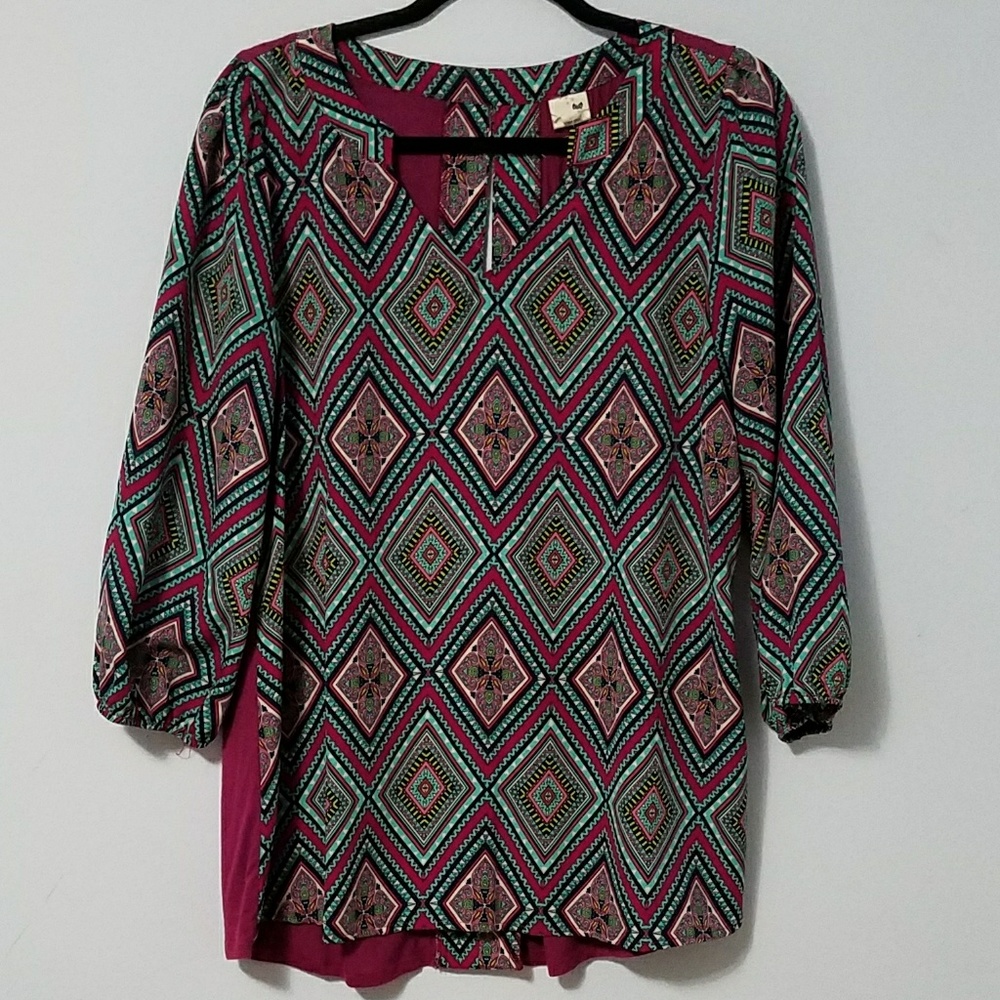 Lovely Pink Owl colorful mixed media tunic, L